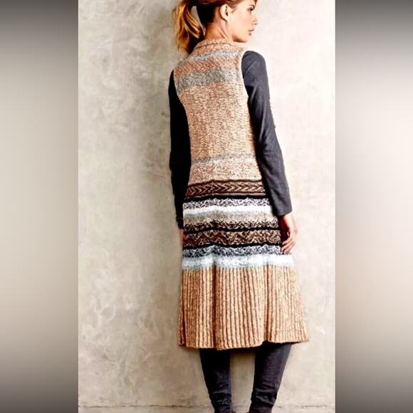 Anthropologie Sleeping On Snow Qullins Jacquard Sweater Duster Sleeveless Tan - Picture 2 of 14